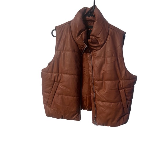 Ambiance Outerwear Brown Faux Leather Puffer Vest 1X Sleeveless Full Zip - Picture 1 of 4